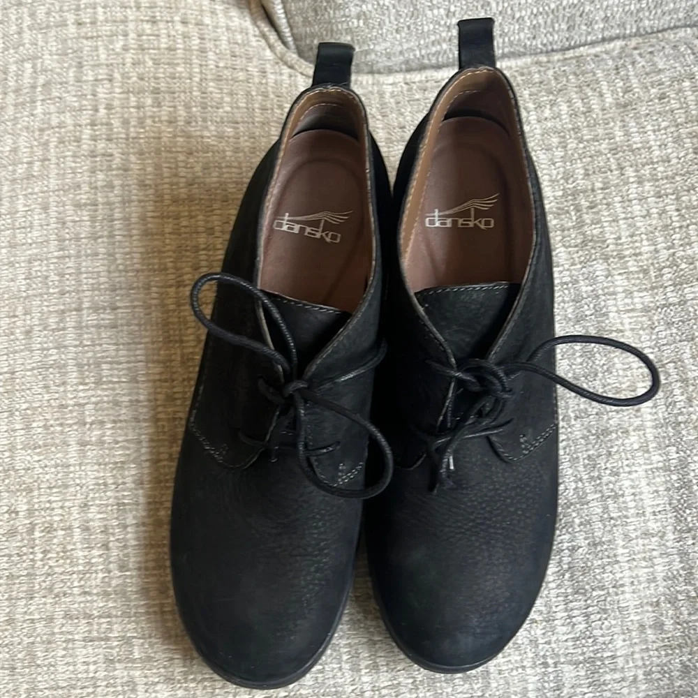 Dansko Cadee Lace Up Wedge Bootie Black Leather Women size 38 US 7.5-8